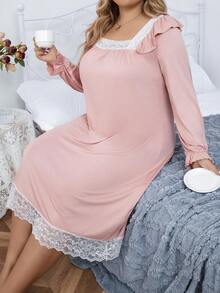 Hơn Ren tương phản Viền Ruffle tay áo lá sen Váy ngủ - Màu Hồng baby - Xem 3