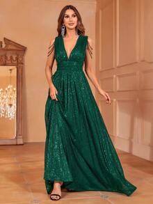 Faeriesty Chain Detail Plunging Neck Christmas Sequin Church Prom Dress - Dark Green - View 3