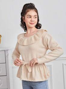 Teen Girl Ruffle Trim Belted Sweater