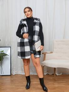 SHEIN Essnce 大碼水牛格紋連帽泰迪馬甲外套 - 黑與白 - 查看 3