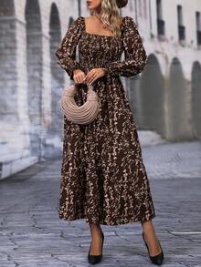 SHEIN LUNE Ditsy Floral Print Square Neck Flare Sleeve Ruffle Hem Dress - Multicolor - View 4