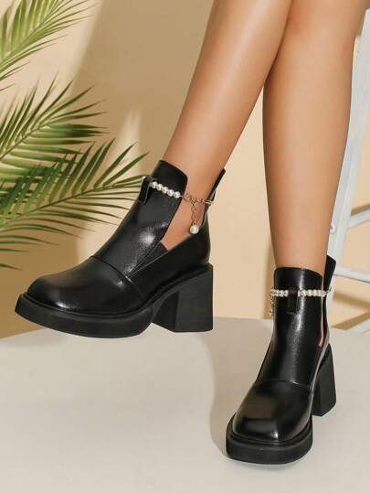 Women's Short Boots For Autumn And Winter With Faux Pearl Decor, Fashionable & Vintage Lace-up Chunky Heel Classic Women Boots