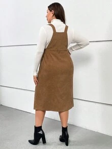 SHEIN Essnce Plus Slant Pocket Corduroy Overall Dress Without Tee - Khaki - View 2