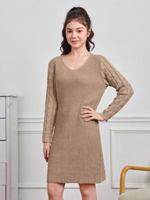 Chica adolescente Vestido de punto tejido de cable 2 en 1 - Caqui - Ver 5