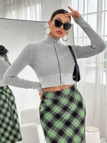 SHEIN Essnce 拉鏈開襟短款開衫 - 黑與白 - 查看 6