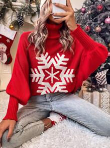 EMERY ROSE Christmas Snowflake Pattern Turtleneck Batwing Sleeve Sweater For New Year Knit Pullover Fall Winter Sweater - Red - View 6