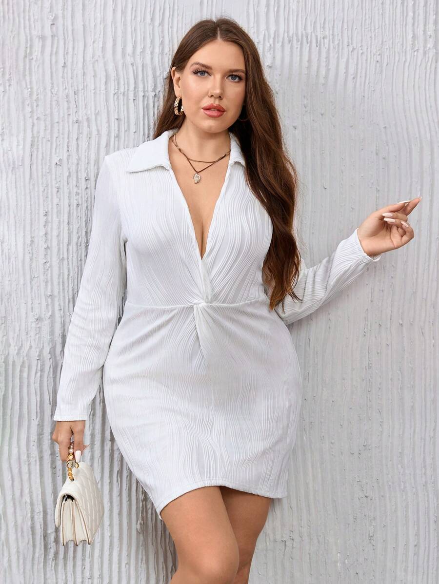SHEIN Privé Plus Twist Front Bodycon Dress - White - View 1