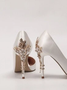 歐美風格奢華性感女鞋,時尚花卉印花尖頭鑽石扣鞋型單鞋,婚禮鞋,高跟鞋 - 白色 - 查看 2