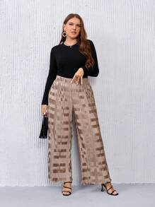 SHEIN Privé Plus Textured Wide Leg Pants - Camel - View 3