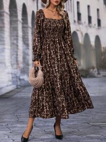 SHEIN LUNE Ditsy Floral Print Square Neck Flare Sleeve Ruffle Hem Dress - Multicolor - View 1