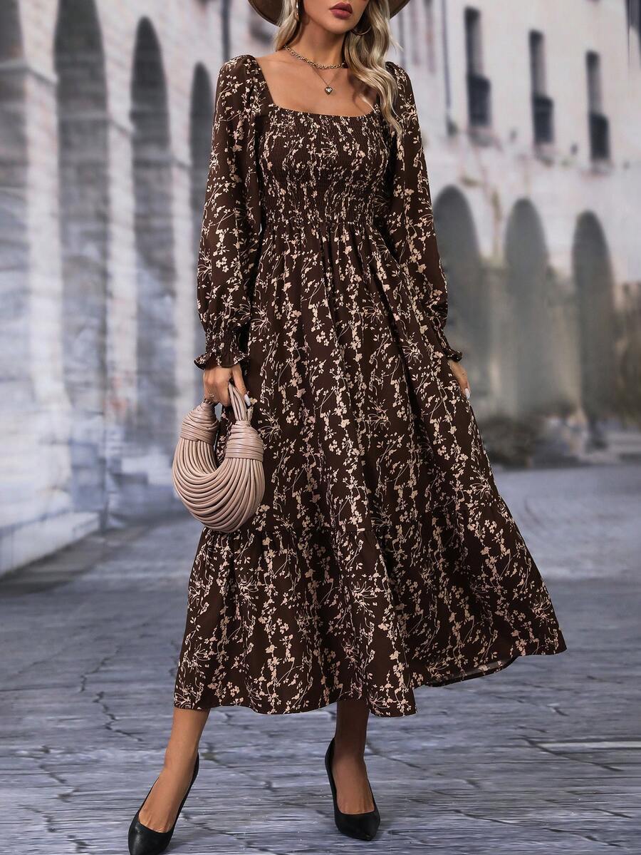 SHEIN LUNE Ditsy Floral Print Square Neck Flare Sleeve Ruffle Hem Dress - Multicolor - View 1