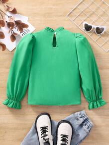 SHEIN Tween Girl Guipure Lace Insert Flounce Sleeve Frilled Neck Blouse - Green - View 2