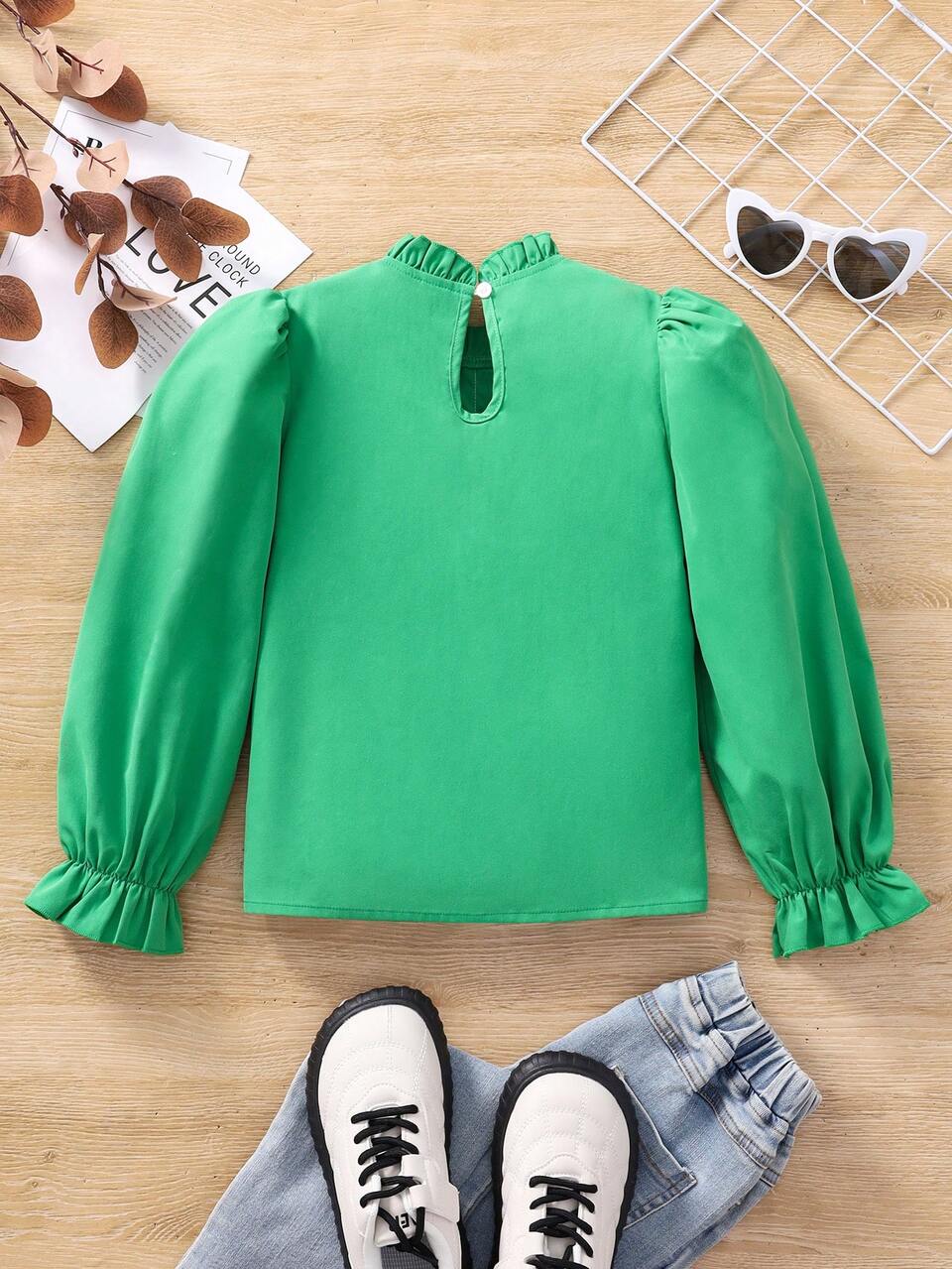 Tween Girl Guipure Lace Insert Flounce Sleeve Frilled Neck Blouse