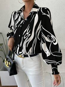 SHEIN Privé Camisa con estampado de dibujo de manga farol - Multicolor - Ver 4