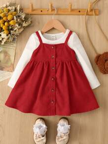SHEIN Baby Girls Button Front Corduroy Cami Dress Without Tee - Red - View 1