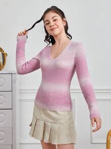 Teen Girl Ombre V Neck Sweater - Multicolor - View 5