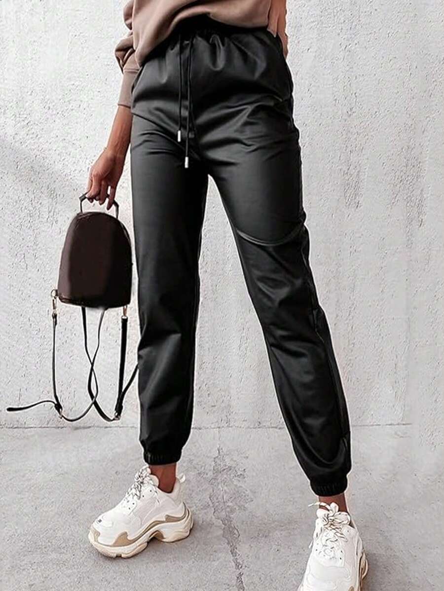 EURMUSE Drawstring Waist Slant Pocket Pants - Black - View 1