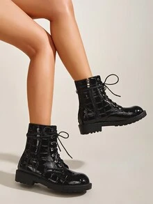 Black Glossy Stone Pattern Lace-up Women's Fashion Boots, Random Stone Pattern - Black - View 2