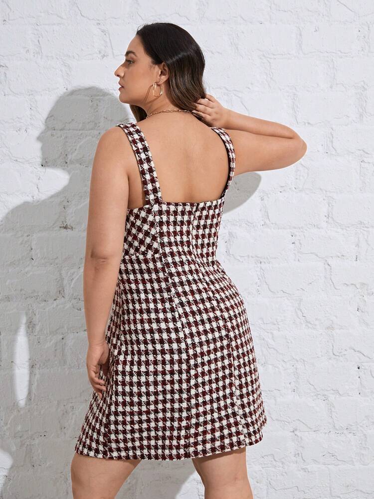 Plus Houndstooth Print Overall Dress Without Blouse