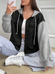 SHEIN EZwear Two Tone Flap Pocket Drop Shoulder Drawstring Hooded Jacket - Multicolor - View 1