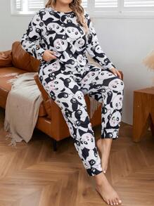 Talla grande Conjunto de pijama panda de dibujos animados con estampado - Blanco y Negro - Ver 4