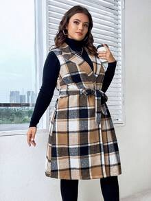 Celure 加格子印花束帶馬甲外套 - 綠色 - 查看 4