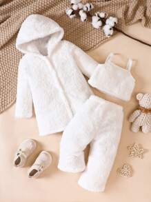Baby Girl Solid Cami Top & Pants & Hooded Coat - White - View 1
