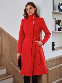 SHEIN Clasi Mock Neck Slant Pocket Belted Overcoat - Red - View 2