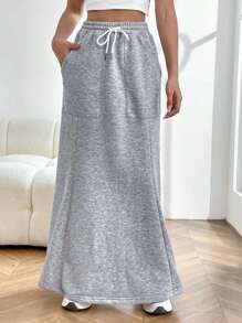 SHEIN EZwear 抽繩腰部魚尾下擺半身裙 - 灰色 - 查看 4