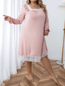 Hơn Ren tương phản Viền Ruffle tay áo lá sen Váy ngủ - Màu Hồng baby - Xem 5