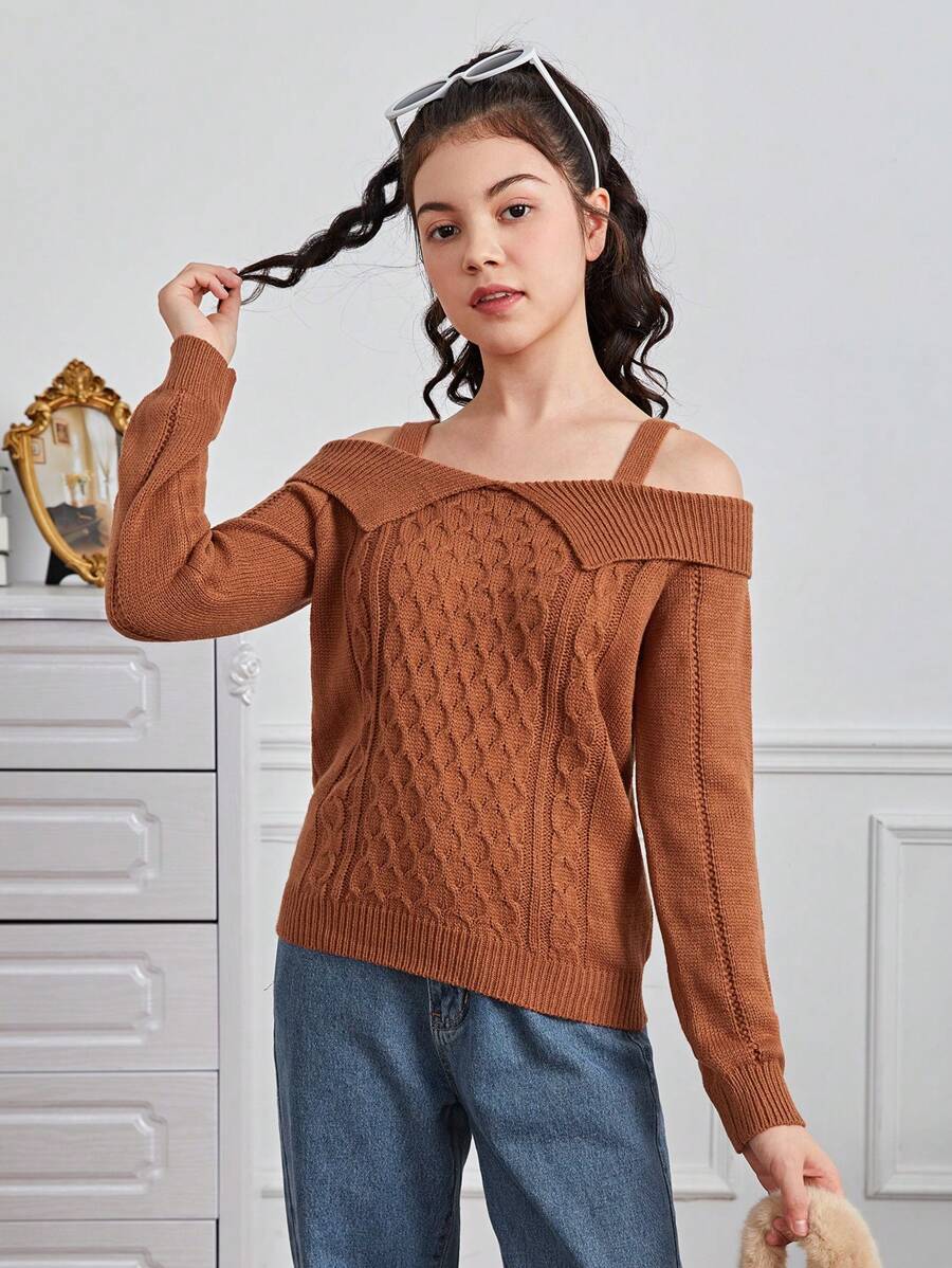Teen Girls Cold Shoulder Cable Knit Sweater