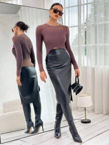 SHEIN Essnce Jersey unicolor tejido de canalé - Café integral - Ver 5