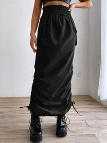 SHEIN EZwear 側抽繩側翻蓋口袋側收褶工裝裙 - 黑色 - 查看 3