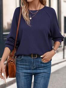 SHEIN LUNE Chất rắn Tay Raglan Áo nỉ - Màu xanh lam - Xem 4