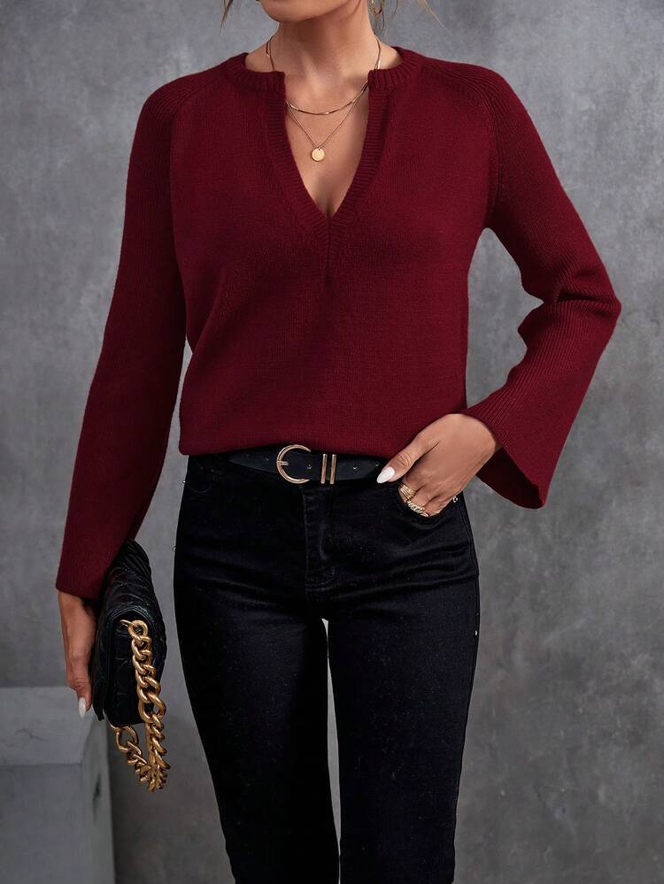 Notched Neckline Flare Sleeve Knit Pullover Fall Winter Sweater