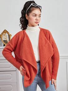 Teen Girl Waterfall Collar Dual Pocket Drop Shoulder Cardigan
