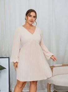 SHEIN Privé 大碼燈籠袖百褶下擺洋裝 - 杏色 - 查看 3