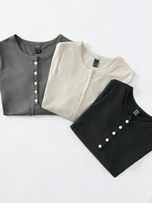 SHEIN Unity 3pcs Half Button Ribbed Knit Tee - Multicolor - View 6