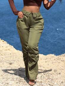 SHEIN SXY Solid Foldover Waist Flare Leg Pants - Army Green - View 6