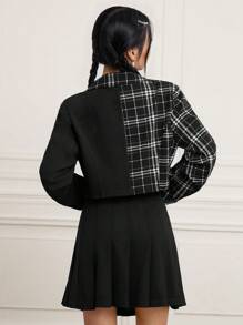 SHEIN EZwear Plaid Print Blazer & Pleated Skirt - Black and White - View 2