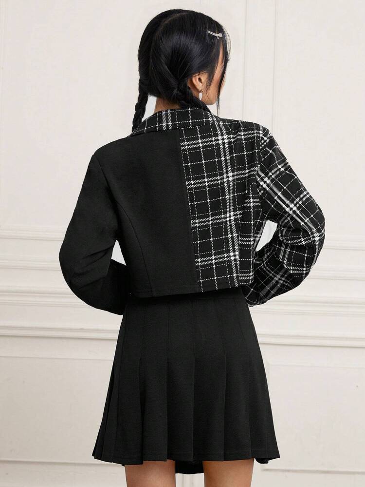 Plaid Print Blazer & Pleated Skirt