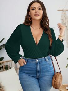 Celure Plus Surplice Neck Lantern Sleeve Bodysuit - Dark Green - View 5