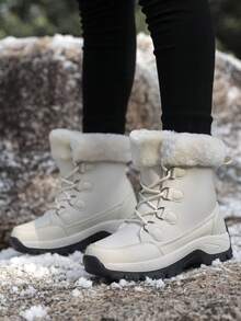 女士米色低帮系带保暖内衬保暖户外雪地靴 - 米色 - 查看 3