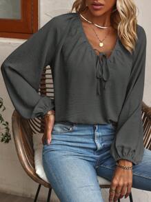 SHEIN LUNE Cà vạt Tay áo lồng đèn Áo sơ mi - Màu xám đen - Xem 5