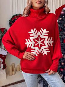 EMERY ROSE Christmas Snowflake Pattern Turtleneck Batwing Sleeve Sweater For New Year Knit Pullover Fall Winter Sweater - Red - View 7