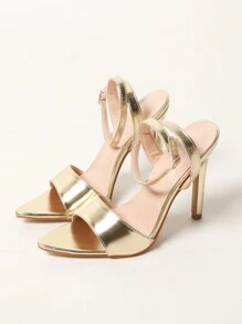 Women Metallic Stiletto Heeled Sandals, Glamorous Open Toe Ankle Strap Sandals
