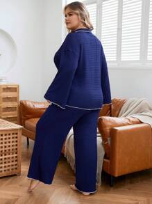 Plus Contrast Binding PJ Set / Pajama Set - Navy Blue - View 3