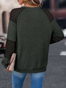 SHEIN LUNE Sudadera con encaje en contraste de manga raglán - Verde militar - Ver 2