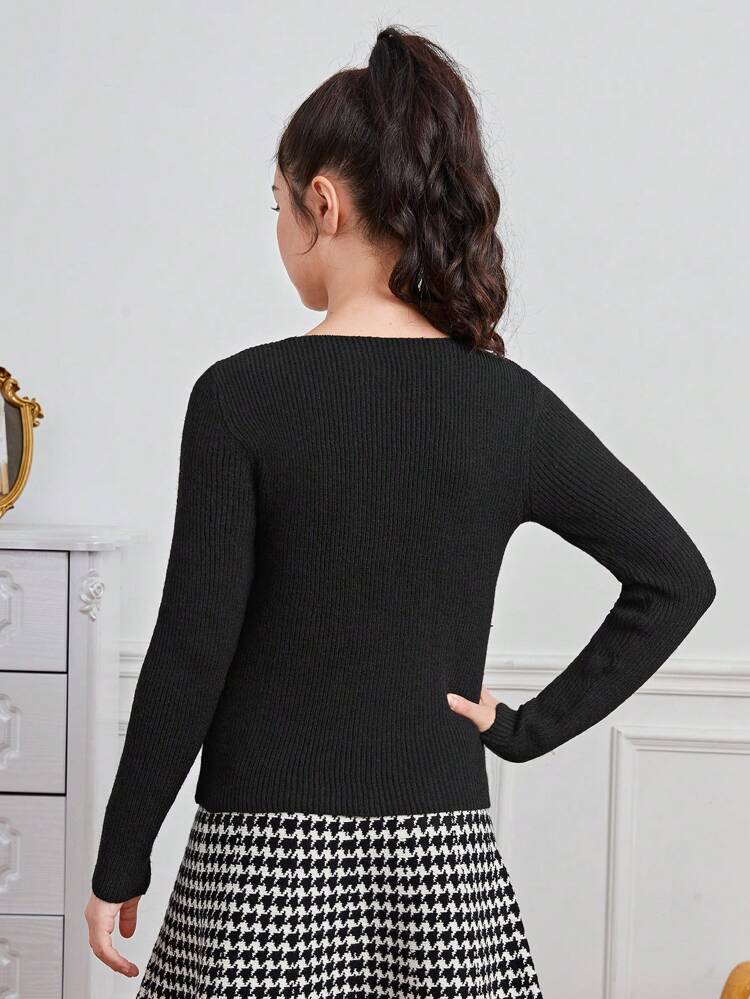Teen Girl V Neck Ribbed Knit Sweater