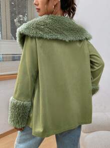 SHEIN EZwear Fuzzy Collar and Cuff Button Up Coat - Green - View 2